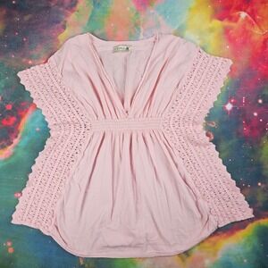 Seaspice Pink Crochet Trim Tunic Top‎ Blouse V Neck Bohemian Casual Resort wear